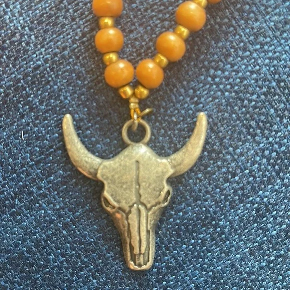 Boho Wooden Bead Bull Skull Necklace - Picture 2 of 7